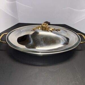 Vintage Oneida Oven Ware wth glass insert, 18.8 stainless with gold rose on top